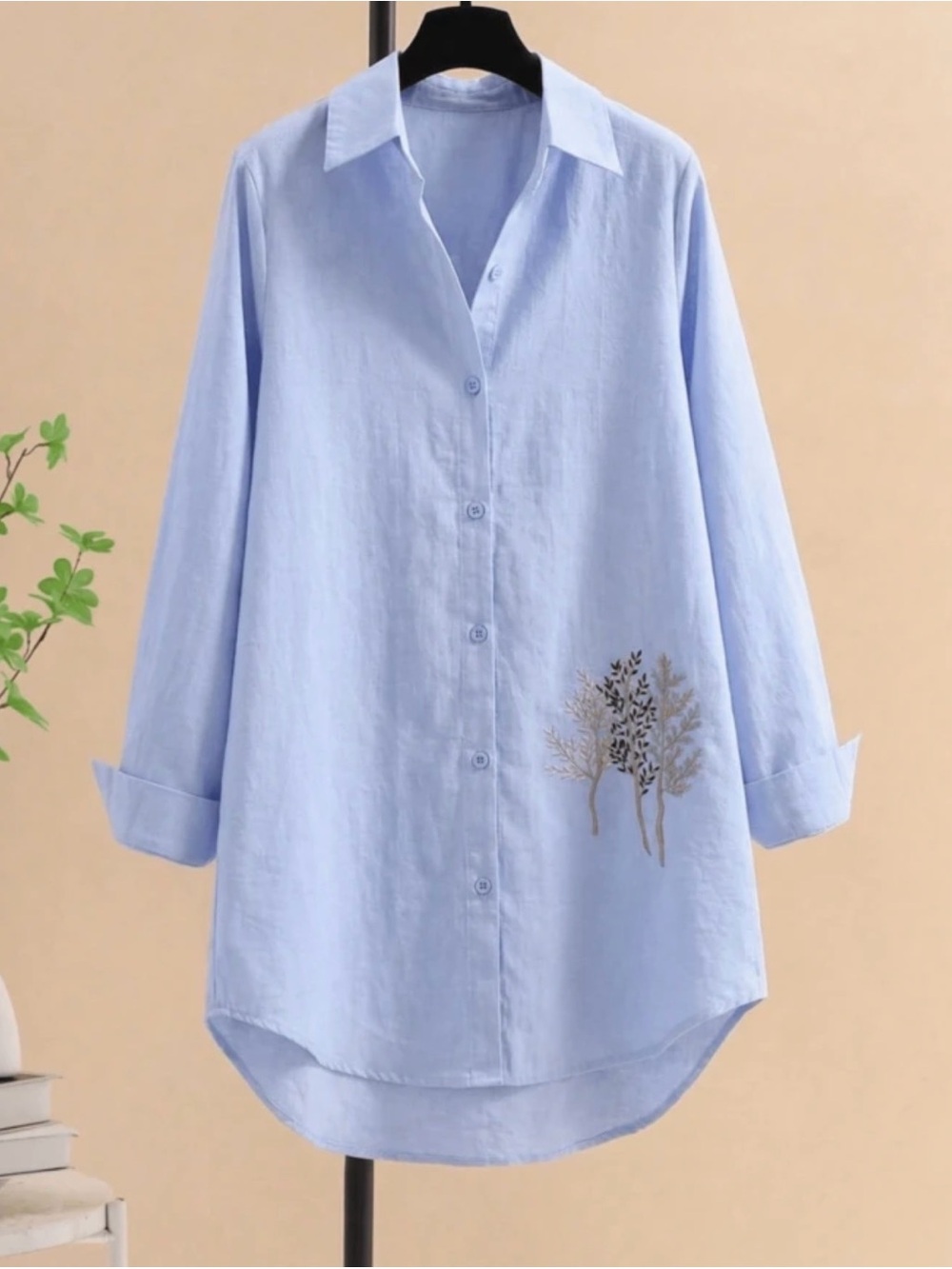 & Other Stories Light Blue Button-Down Tunic with Tree Embroidery